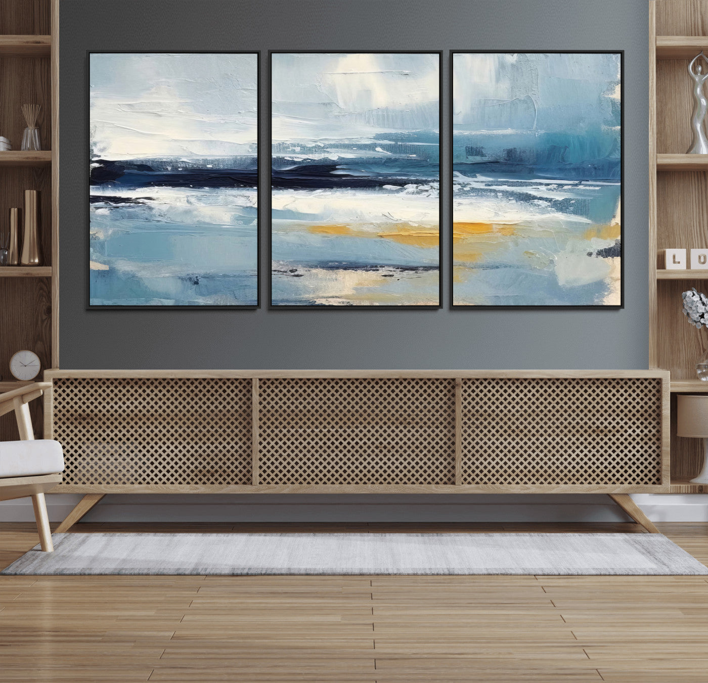 MGV-FC-60X30-3P - Abstract Ocean Canvas Wall Art - Coastal Blue and Gold Textured Painting, Modern Seascape Decor for Living Room Decor