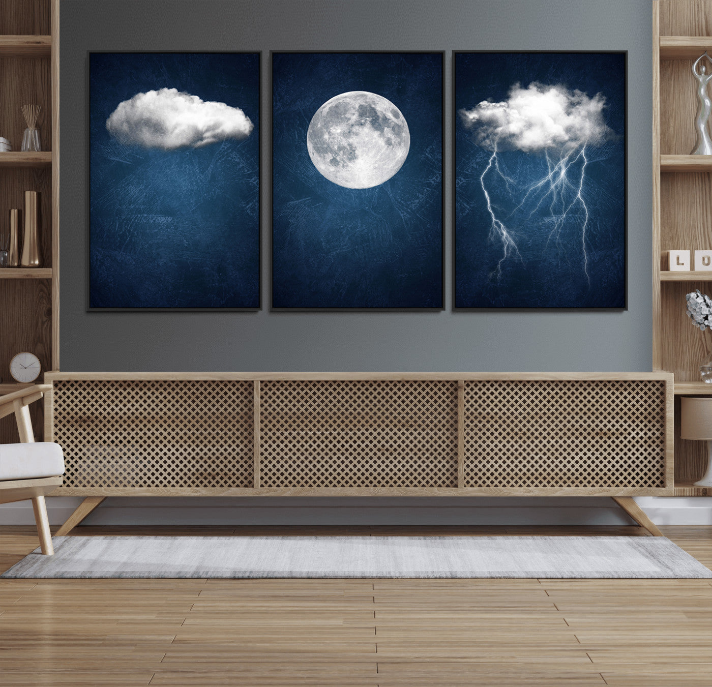 96569-MGV-FC-60X30-3P_Black-Dark Blue Cloud Art, 3 Piece Indigo Blue Wall Art, Aesthetic Surreal Art, Thunderstorm Moon Cloud