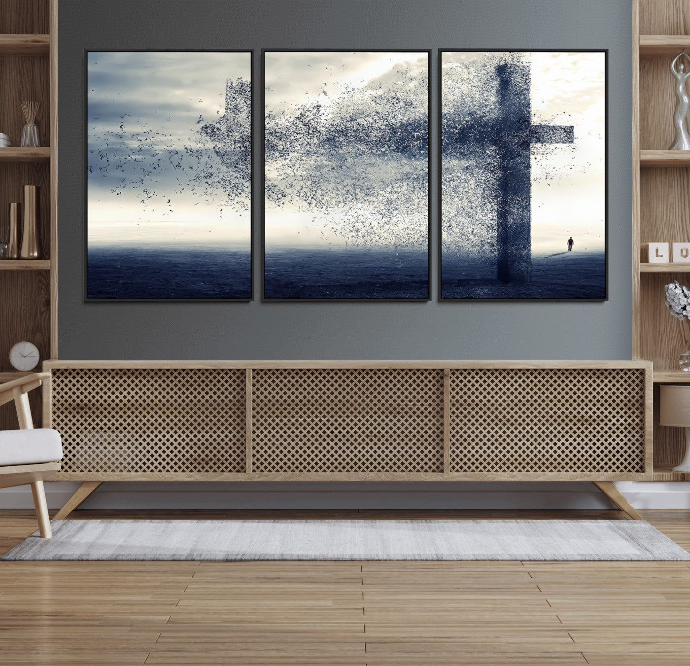 55718-MGV-FC-60X30-3P_Black-Jesus and the Fading Cross Wall Art Print – Symbol of Faith, Christian Wall Art Canvas Print, Framed