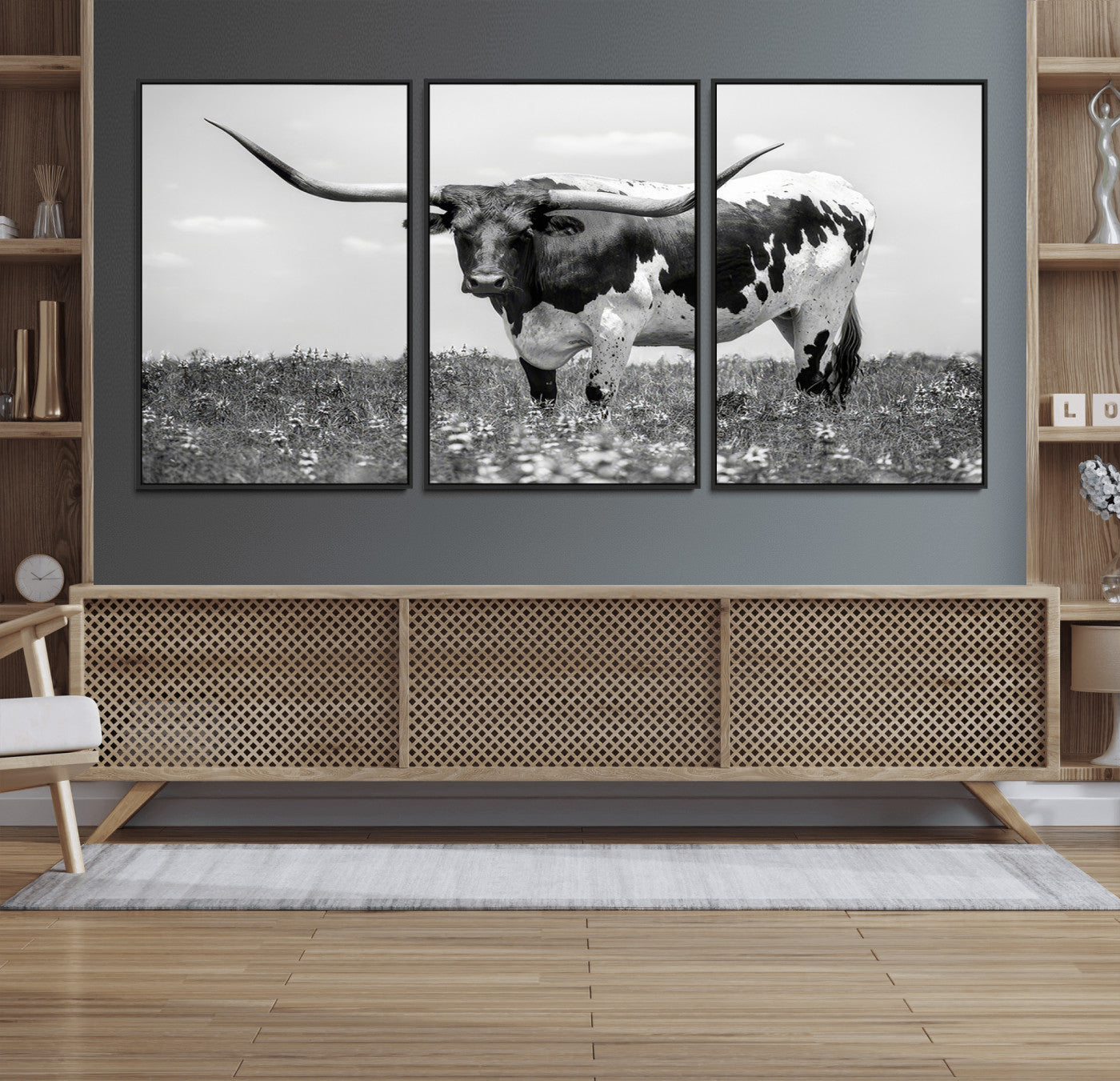 94709-MGV-FC-60X30-3P_Black-Texas Black White Highland Longhorn Cow Wall Art Canvas Print