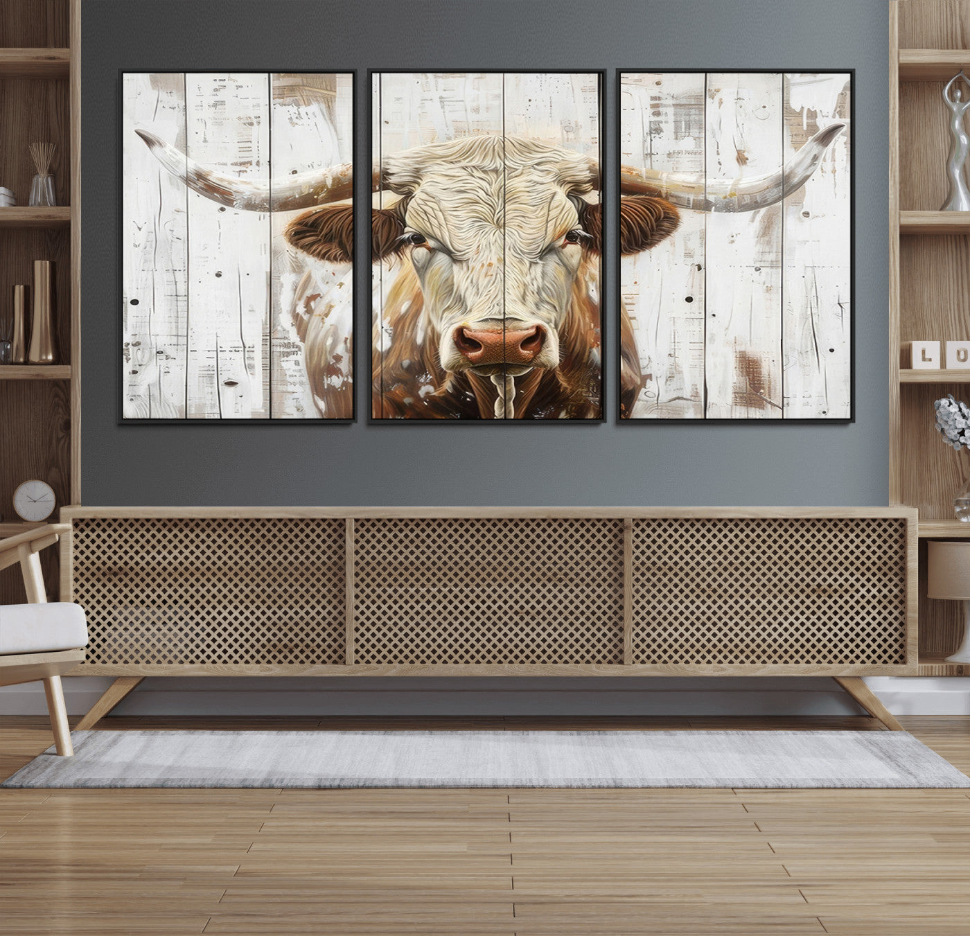 71551-MGV-FC-60X30-3P_Black-Rustic Longhorn Bull Wall Art Canvas Set – Western-Inspired Farmhouse Décor - Ready to Hang