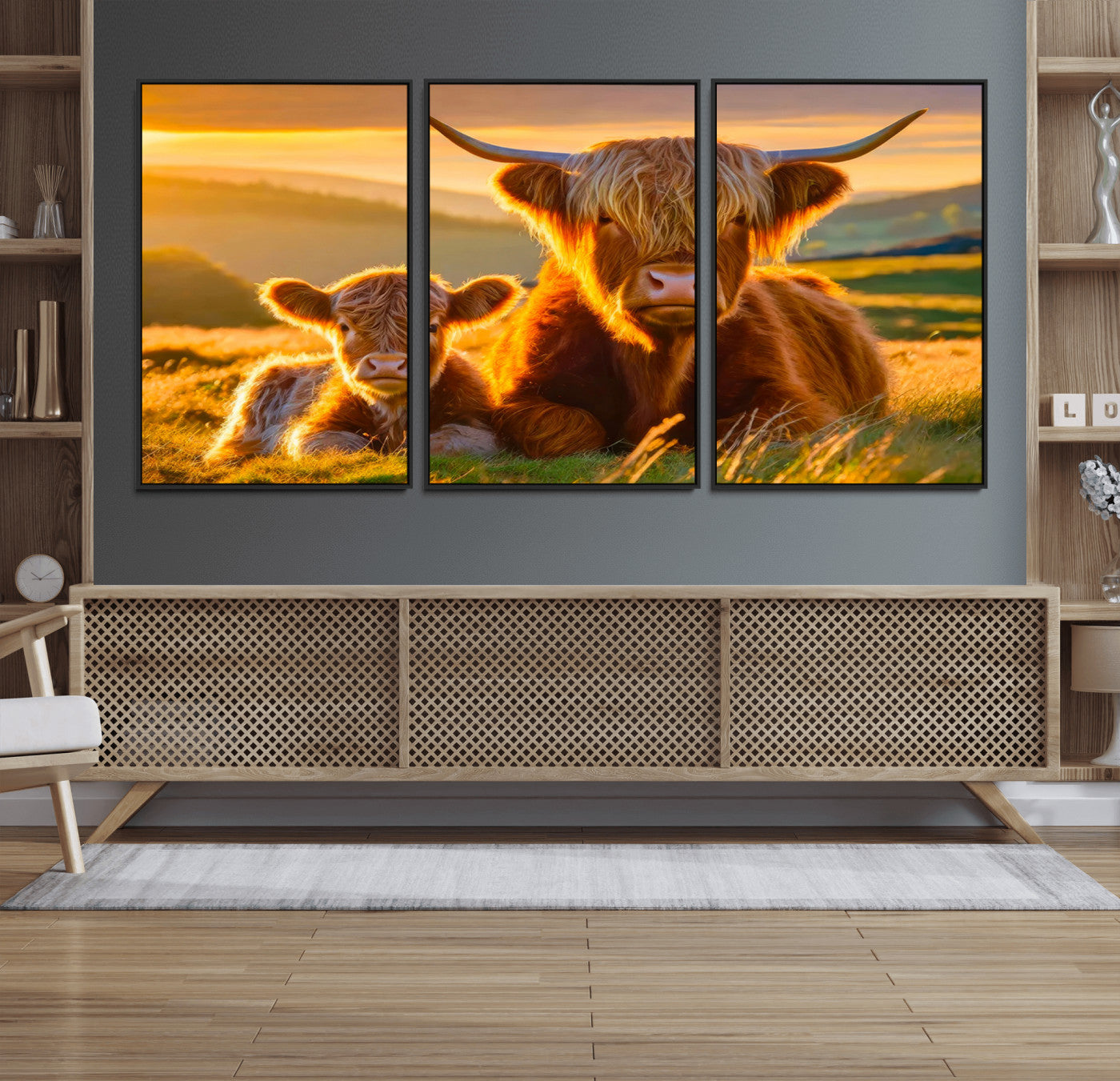20567-MGV-FC-60X30-3P_Black-Scottish Cow and Baby Cow Canvas Wall Art Animal Print Fluffy Cattle Framed Farmhouse Decor
