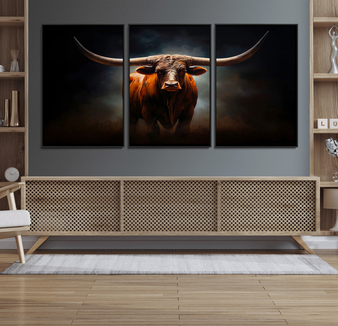 48896-MGV-FC-60X30-3P_Black-Abstract Texas Longhorn Wall Art Print | 3-Panel Large Texas Longhorn Canvas Print for Living Room,