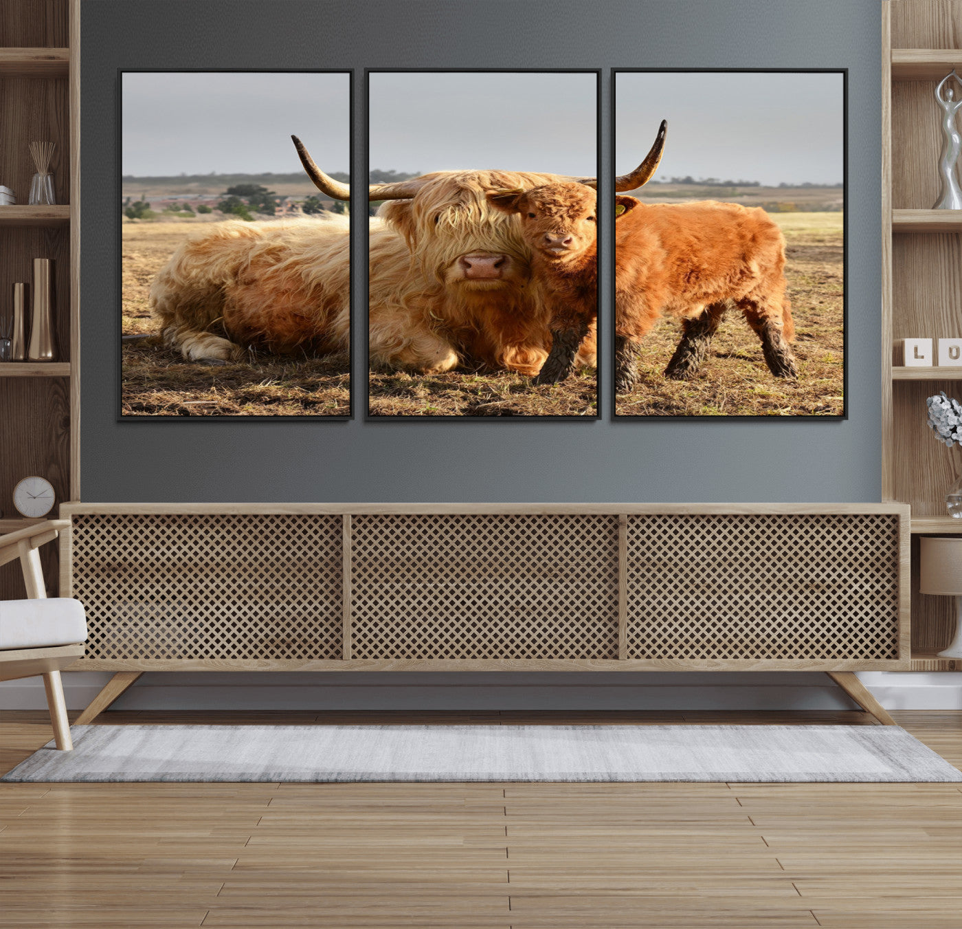 53461-MGV-FC-60X30-3P_Black-Highland Cow Canvas Wall Art Animal Print for Farm House Decor