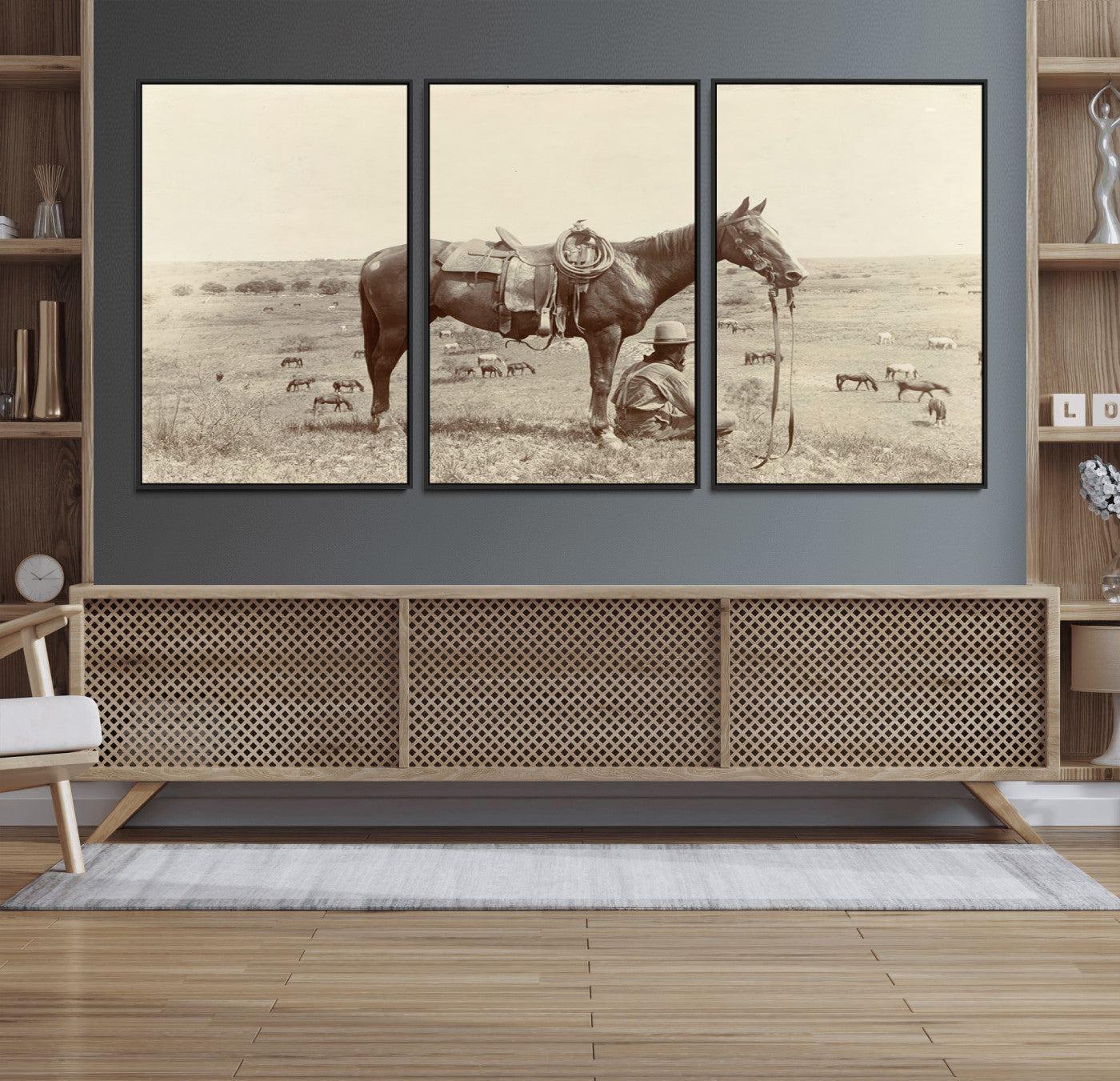 65028-MGV-FC-60X30-3P_Black-Cowboy Wall Art - Western Horse Canvas Print - Vintage Western Wall Art Canvas Print, Ready to Hang