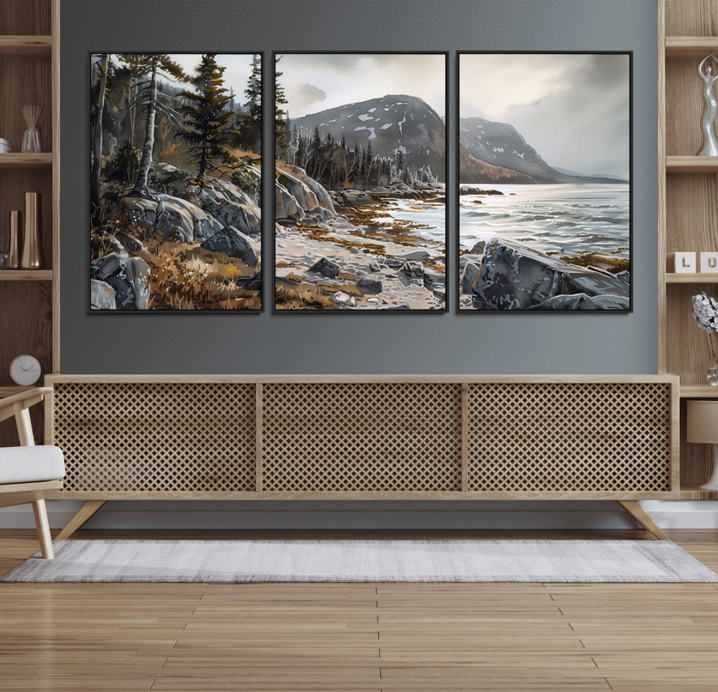 41281-MGV-FC-60X30-3P_Black-Serene Coastal View of Acadia National Park - Stunning 3-Panel Wall Art Canvas Print, Framed, Ready