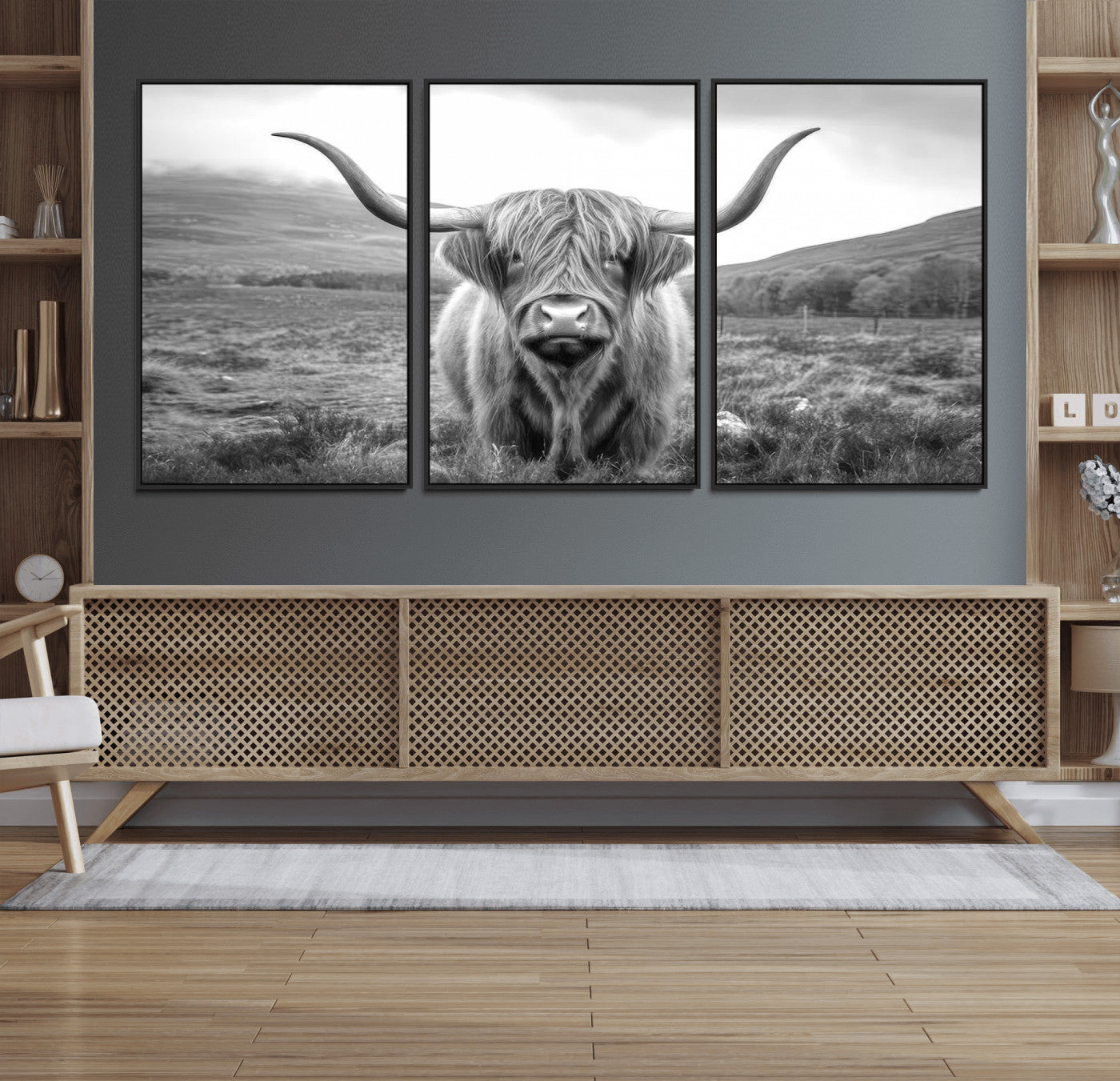 52903-MGV-FC-60X30-3P_Black-Black White Scottish Highland Cow Canvas Farm Wall Art Canvas Print Rustic Animal Art for Home, Office Decor