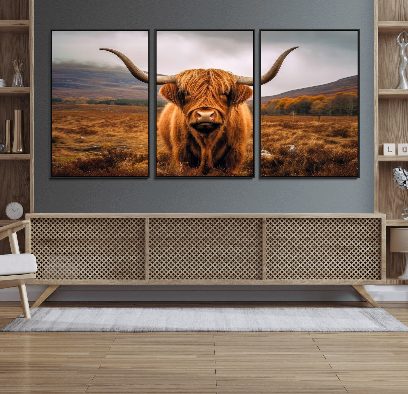 -Highland Cow Longhorn Wall Art – Rustic Canvas Print, Framed and Ready to Hang for Farmhouse Décor