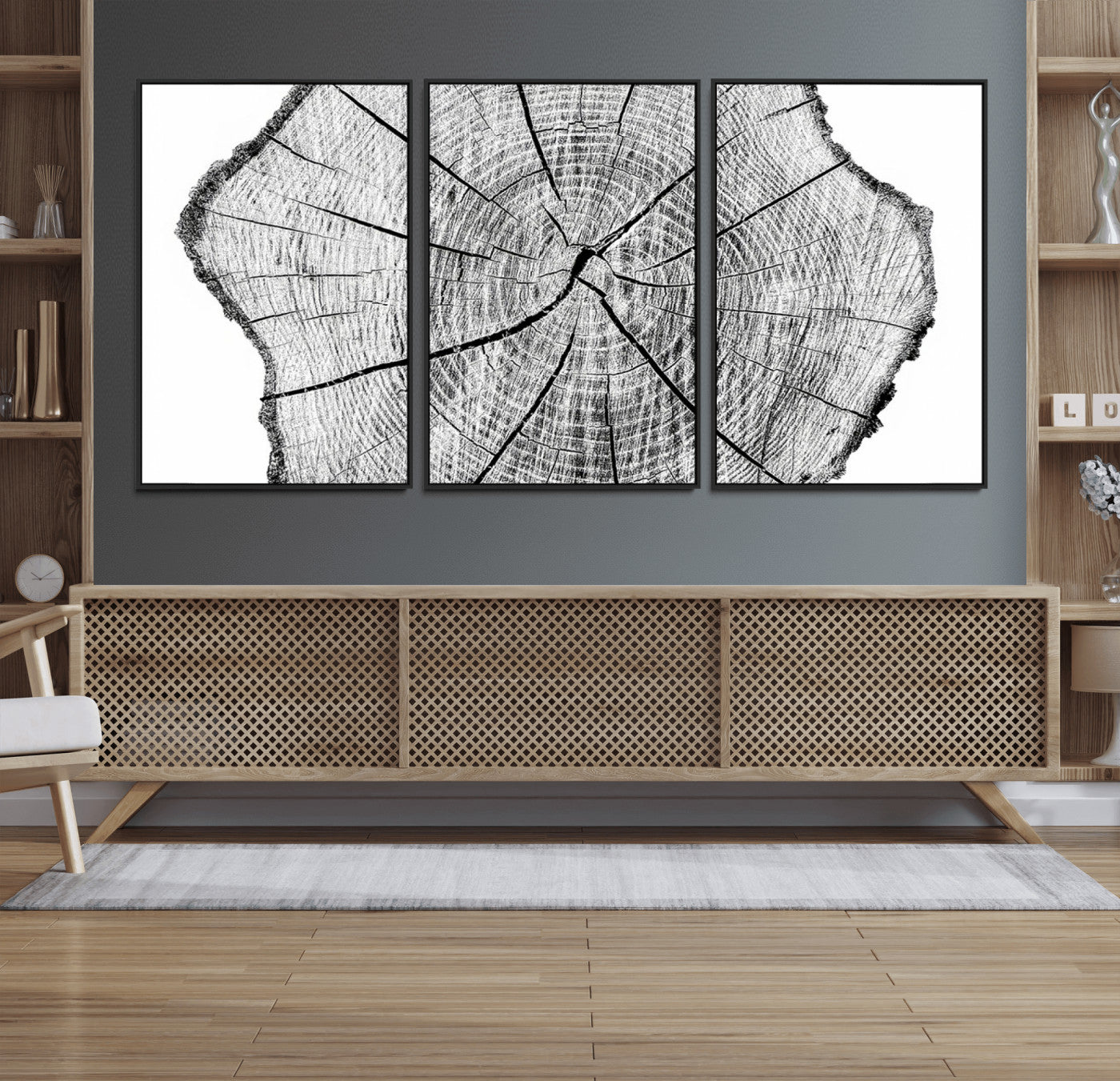 98709-MGV-FC-60X30-3P_Black-Rustic Tree Ring Wall Art Canvas Print – Framed and Ready to Hang – Perfect for Nature-Inspired and