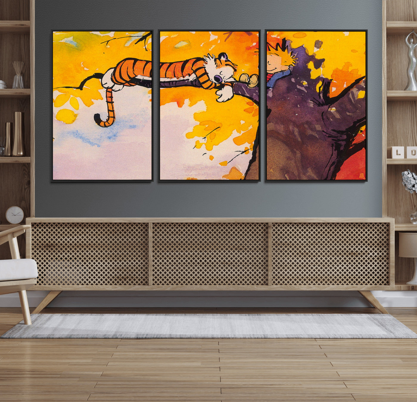 55145-MGV-FC-60X30-3P_Black-Calvin and Hobbes Tree Scene Canvas Print | 3 Panel Large Wall Art for Living Room or Kid’s Room,