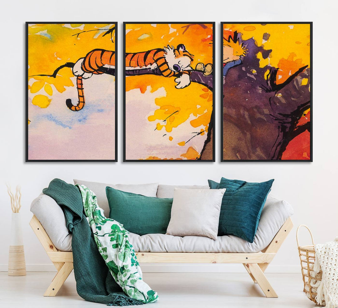 Premium canvas Calvin Wall Arts featuring a boy and tiger relaxing on a branch.