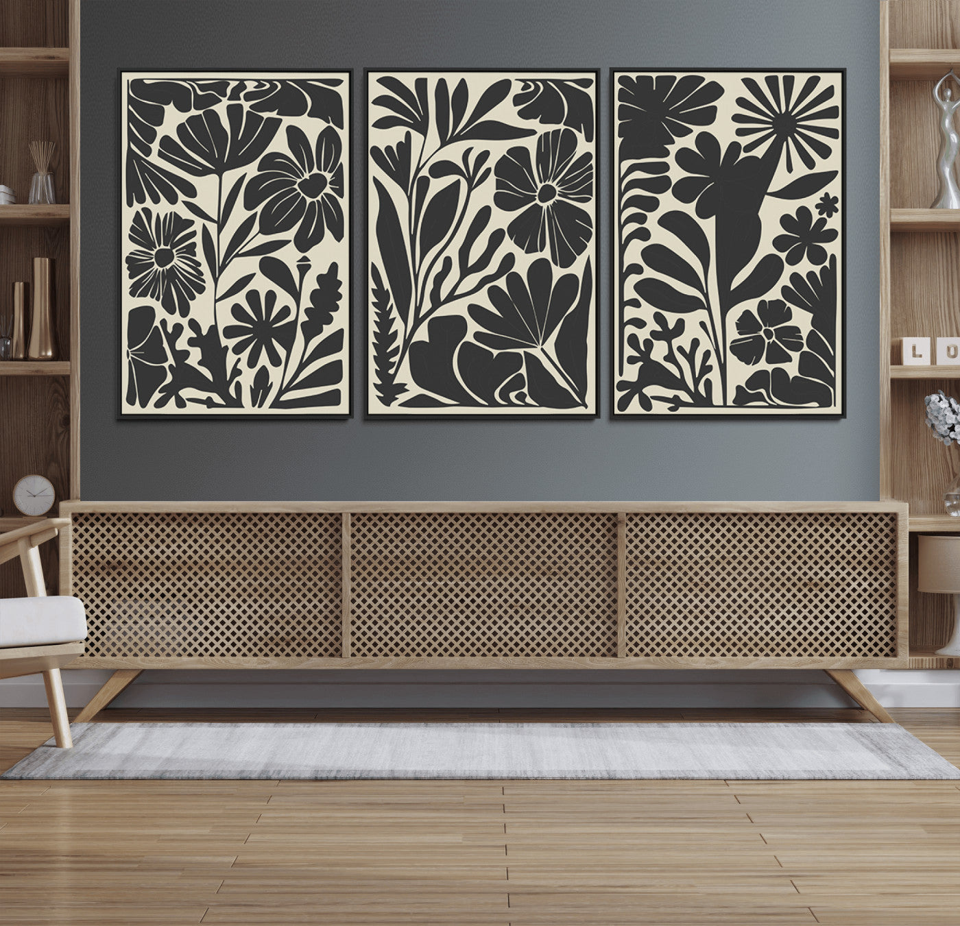 MGV-FC-60X30-3P - Modern Botanical Wall Art - Floral Black and White Canvas Print, Framed, Ready to Hang