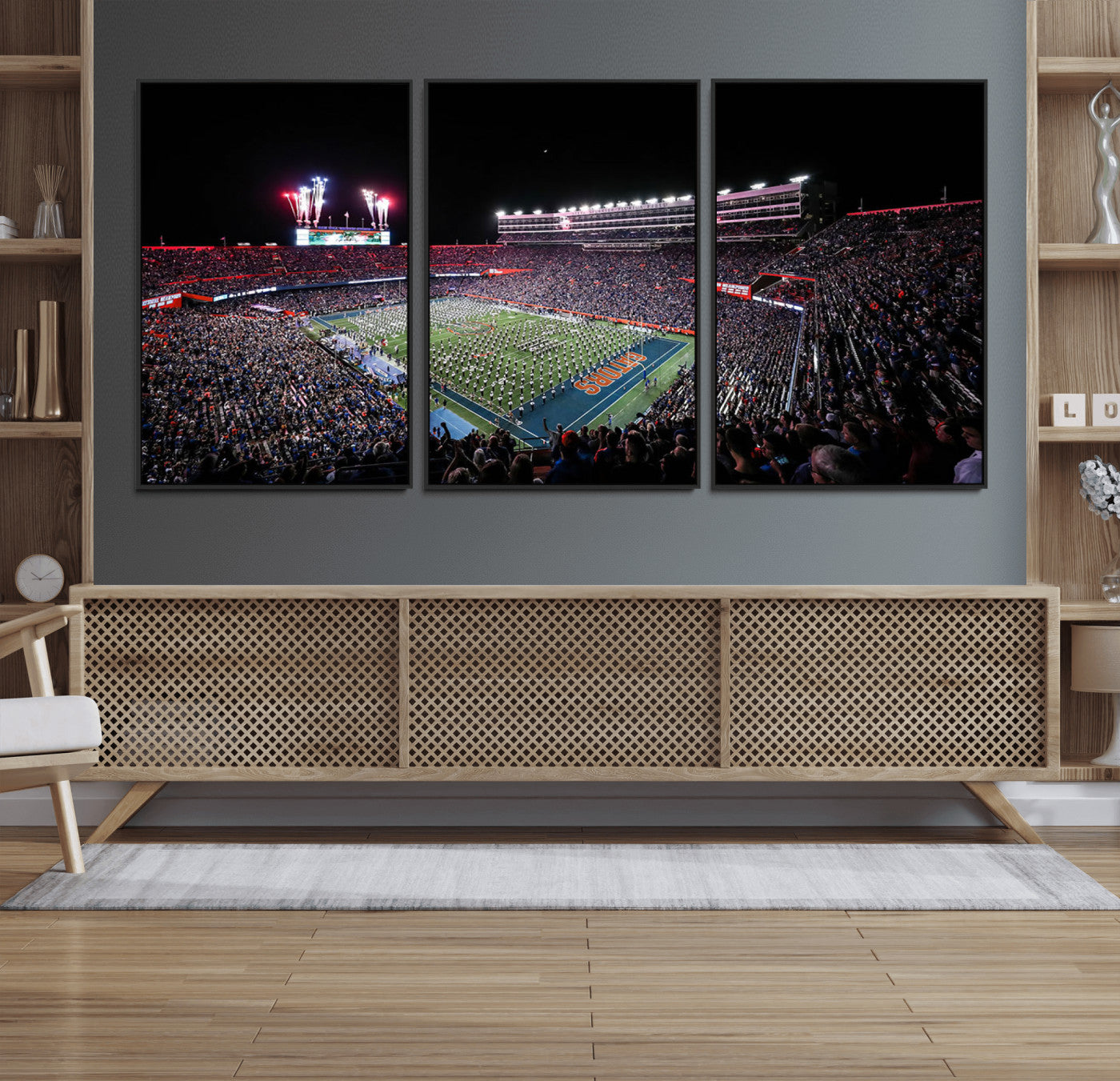 46899-MGV-FC-60X30-3P_Black-Ben Hill Griffin Stadium Night Game Triple Canvas Wall Art - Florida Gators Football Match