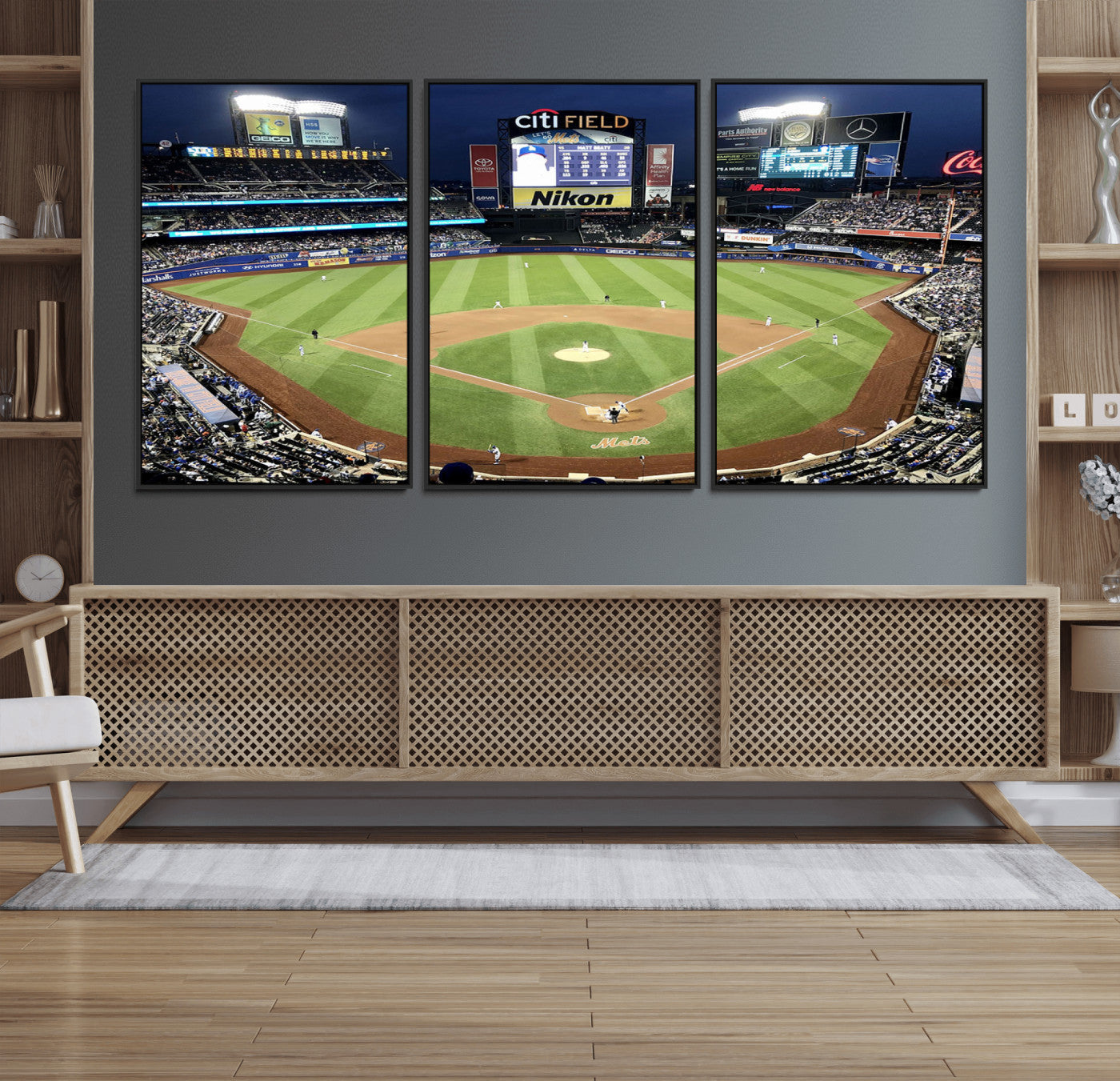MGV-FC-60X30-3P - Citi Field Wall Art Print | 3-Panel New York Mets Baseball Stadium Canvas Print | Framed Sports Decor for Living Room, Man Cave, or Office Decor