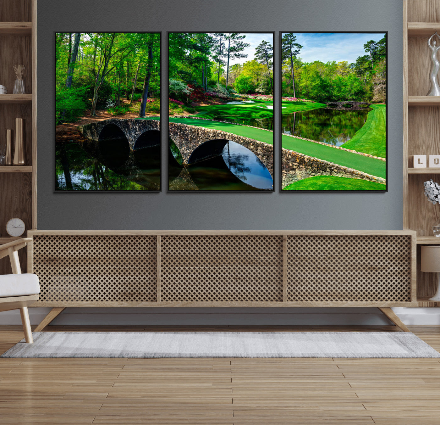 MGV-FC-60X30-3P - Augusta National Golf Club Wall Art - Panoramic Bridge & Lush Greenery – Premium Framed,