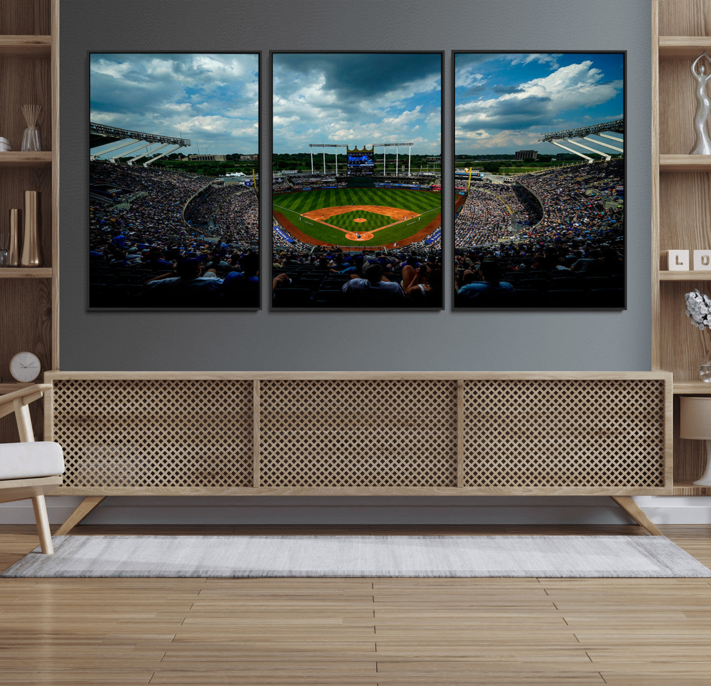 37127-MGV-FC-60X30-3P_Black-3-Panel Kauffman Stadium Wall Art Print | Large Kansas City Royals Baseball Canvas Print for Sports