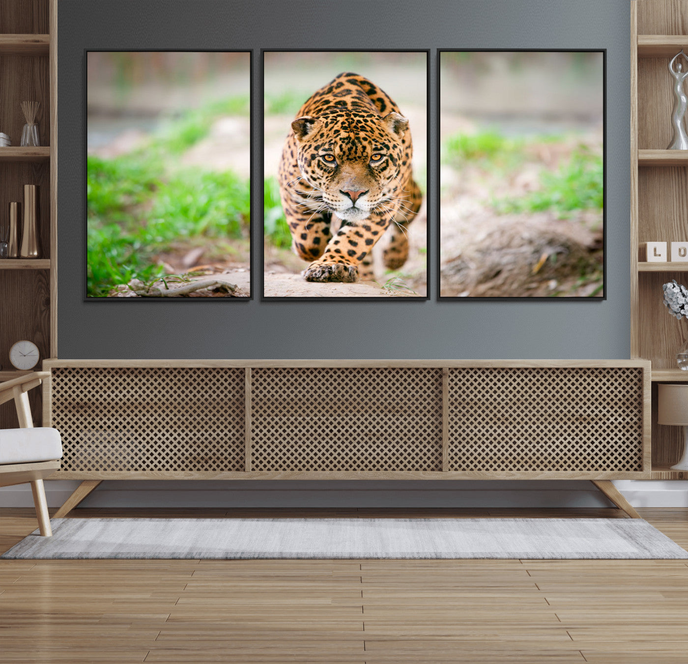 75066-MGV-FC-60X30-3P_Black-Leopard on the Prowl - Stunning Large Framed Leopard Wall Art Canvas Wall Art for Living Room,