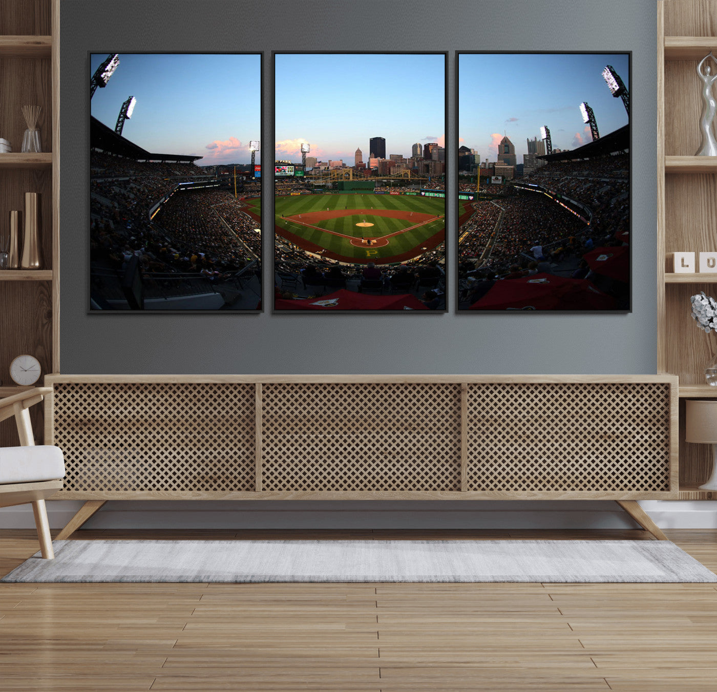 67670-MGV-FC-60X30-3P_Black-PNC Park Evening Game Triple Canvas Wall Art - Pittsburgh Pirates MLB Match - PNC Park Stadium Wall