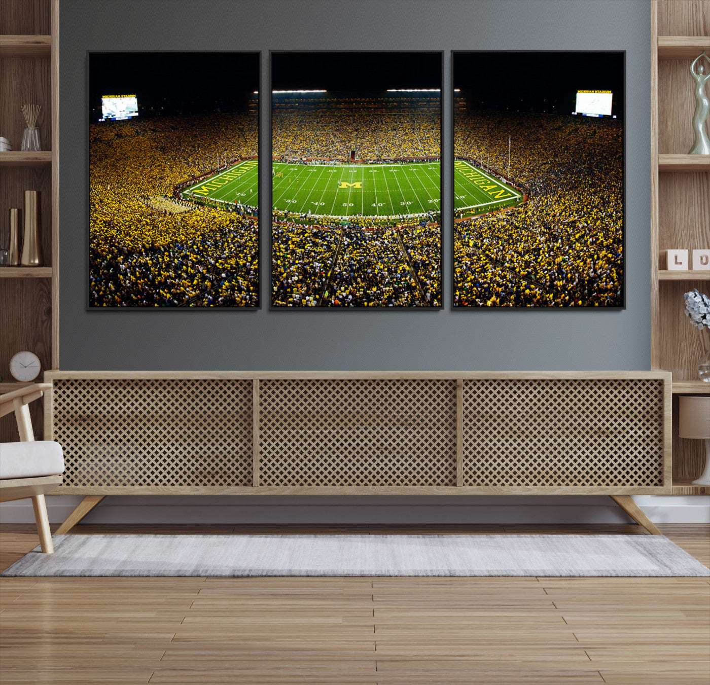 26166-MGV-CV-36X24-Stadium in Michigan Wall Art Canvas Print, Framed American Football Stadium Art Picture Print, Football Stadium Field Perfect Sports Room Decor Artwork