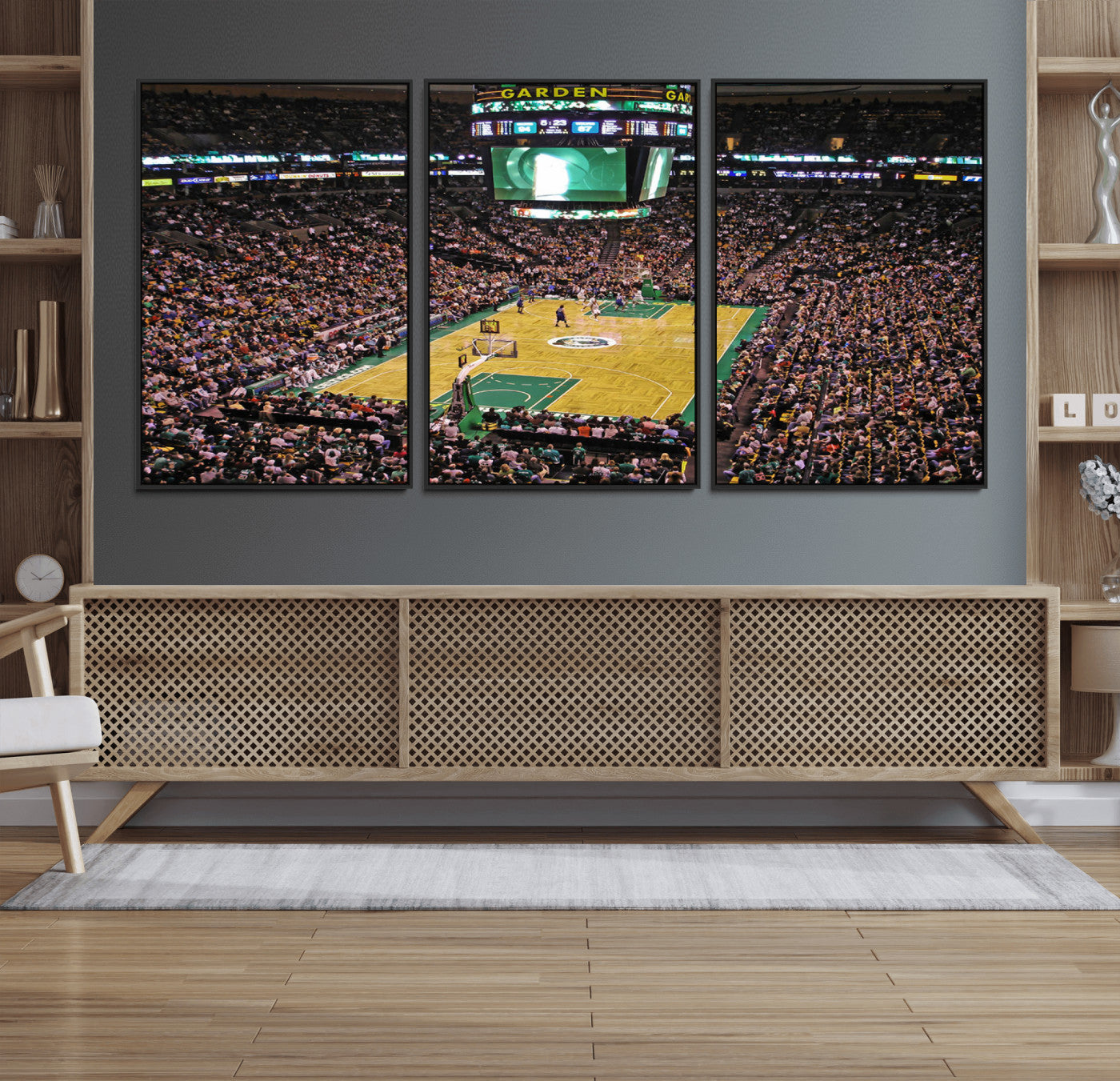 21705-MGV-FC-60X30-3P_Black-TD Garden Basketball Canvas Wall Art - Boston Celtics Live Action - Framed - Ready to Hang