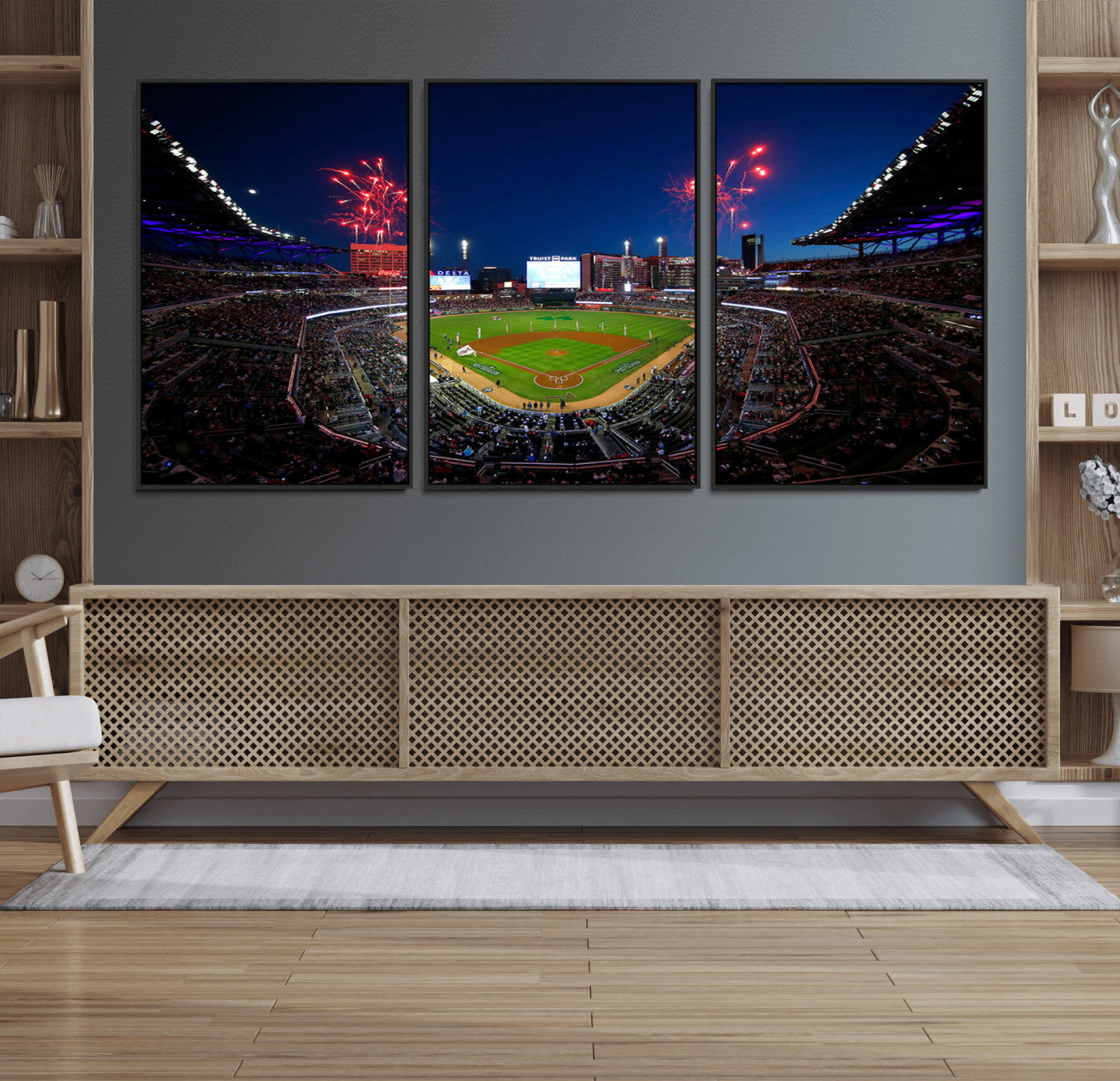 MGV-FC-60X30-3P - Truist Park Atlanta Braves Baseball Stadium Wall Art Print | Large 3-Panel Canvas Print for Sports Fans | Framed, Ready-to-Hang Baseball Decor