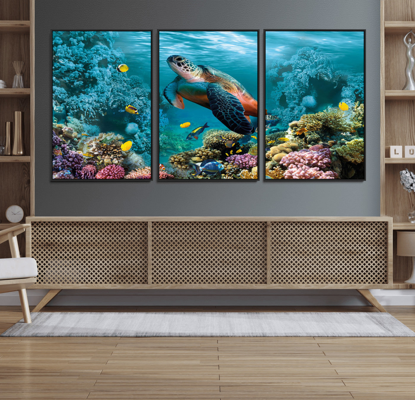 38661-MGV-FC-60X30-3P_Black-Sea Turtle and Coral Reef Triptych Wall Art – Vibrant Underwater Scene Canvas Set for Ocean Lovers