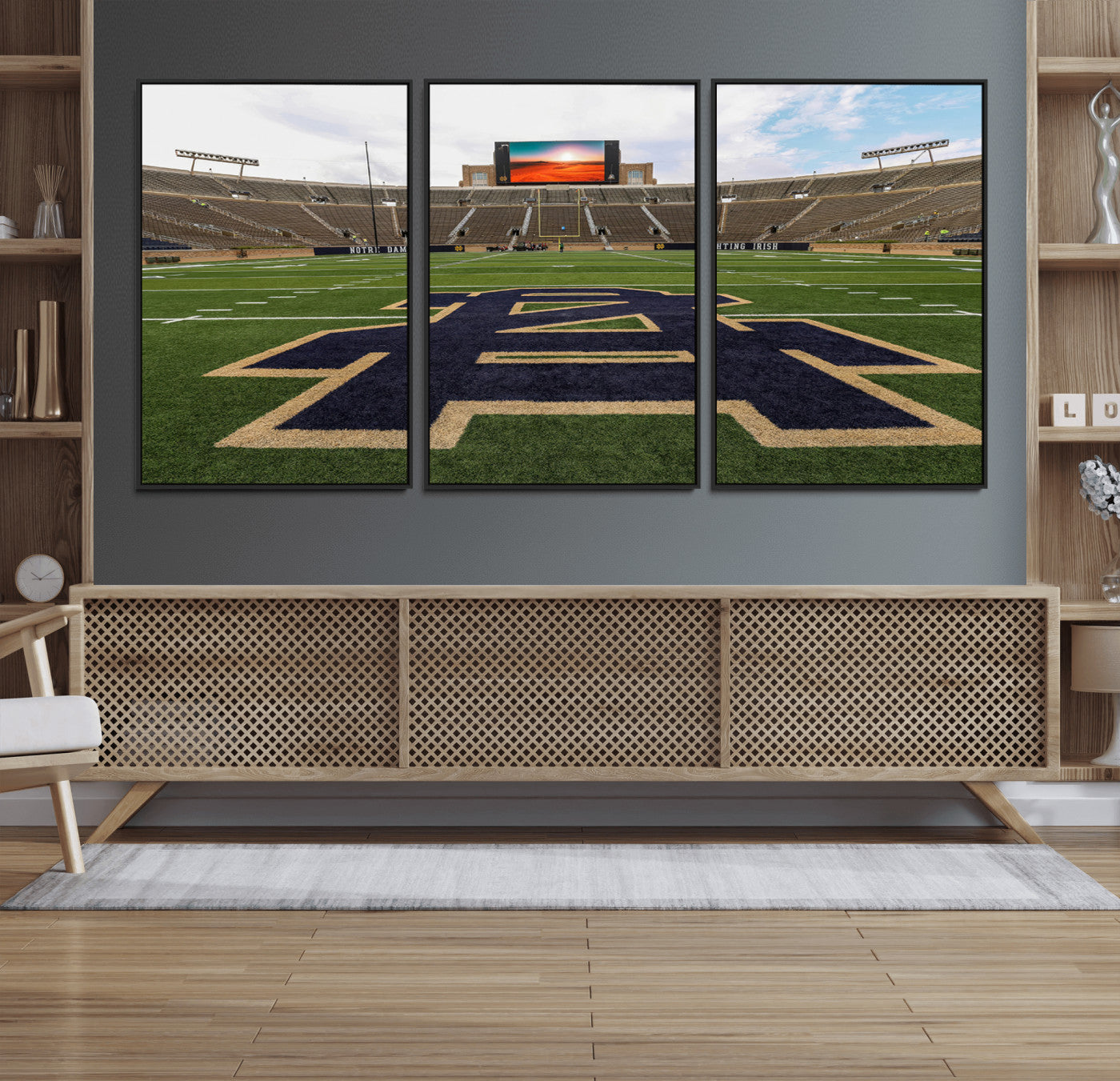 MGV-FC-60X30-3P - Notre Dame Stadium Giclee Canvas Print | Triptych Wall Art Featuring Iconic Notre Dame Football Field | Ready-to-Hang Sports Stadium Decor