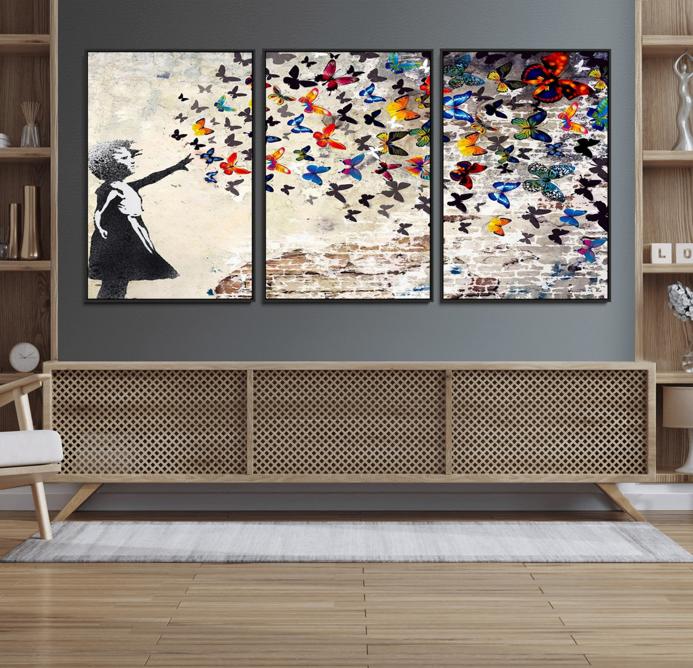 97895-MGV-FC-60X30-3P_Black-Banksy Graffiti Wall Art Canvas Print: Girl Releasing Vibrant Butterflies – Ready to Hang