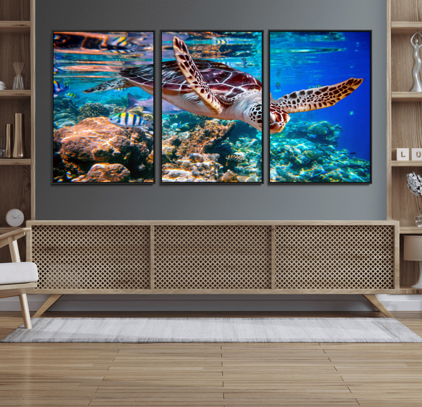 88200-MGV-FC-60X30-3P_Black-Underwater Coral Reef Sea Turtle Wall Art Canvas Print, Vibrant Marine Life | Colorful Ocean Scene