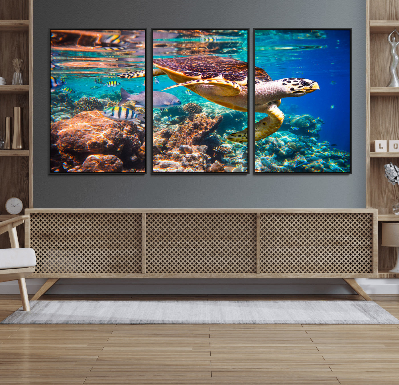 66614-MGV-FC-60X30-3P_Black-Sea Turtle Wall Art Canvas Print – Vibrant Ocean Coral Reef Décor, Ready to Hang