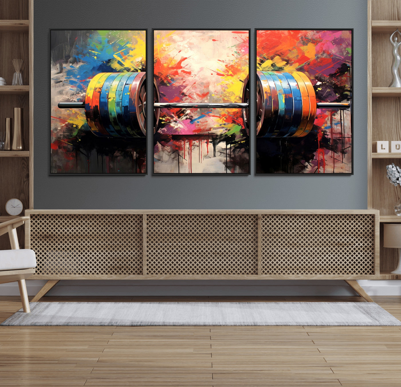 MGV-FC-60X30-3P - Weightlifting Barbell Art Triptych, Bold Abstract Fitness Wall Decor for Gym or Home, Giclee Canvas Print