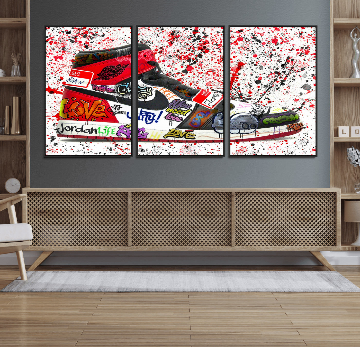 38836-MGV-FC-60X30-3P_Black-Jordan Shoes Graffiti Wall Art Canvas Print- Jordan Graffiti Canvas Wall Art - Framed Perfect for