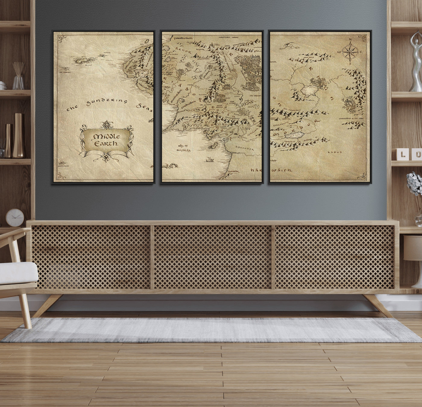 21784-MGV-FC-60X30-3P_Black-Vintage Middle Earth Map Wall Art Canvas – Lord of the Rings Inspired Framed Map Print, Classic Fantasy Decor for Home, Office