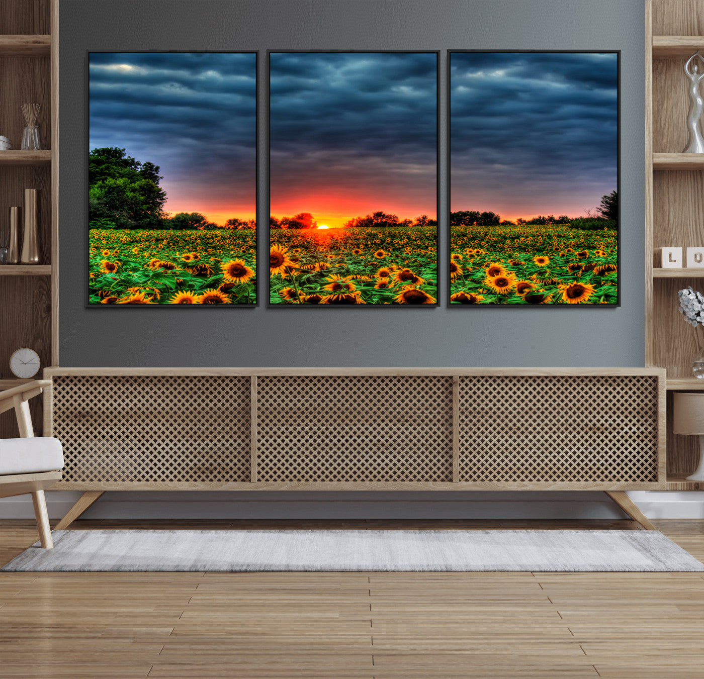 45045-MGV-CV-36X24-Golden Sunflower Field at Sunset – Breathtaking Sky and Vibrant Flowers, Ready to Hang Wall Art