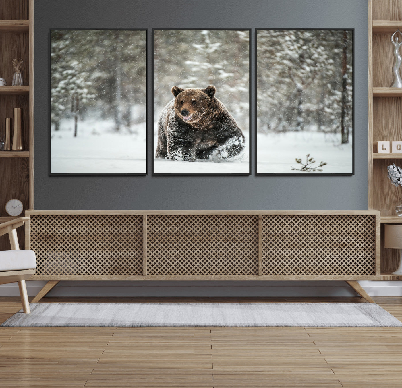 43350-MGV-FC-60X30-3P_Black-Grizzly Bear Wall Art – Framed Snowy Forest Canvas Artwork, Powerful Wilderness Design, Rustic Nature Decor for Home, Office