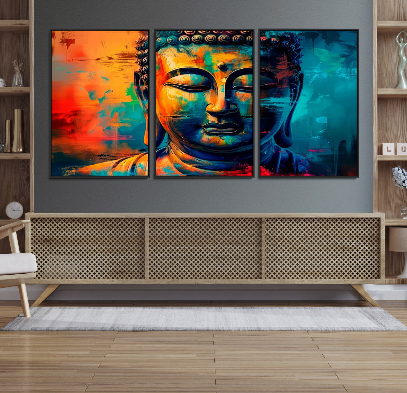 A vibrant, abstract artistic rendition of a Buddha statue face, blending bold and contrasting colors to evoke a sense of peace, spirituality, and enlightenment.