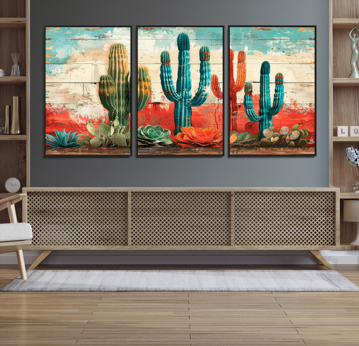 A vivid southwestern-style artwork featuring an eclectic mix of cacti and succulents painted against a textured, rustic wood backdrop in rich turquoise, red, and orange hues.