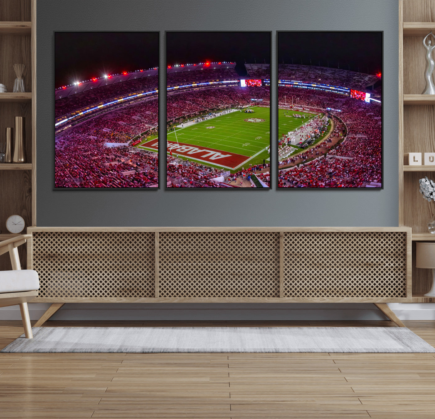 11343-MGV-FC-60X30-3P_Black-Bryant-Denny Stadium Night Game Triple Canvas Wall Art - Alabama Crimson Tide Football Match