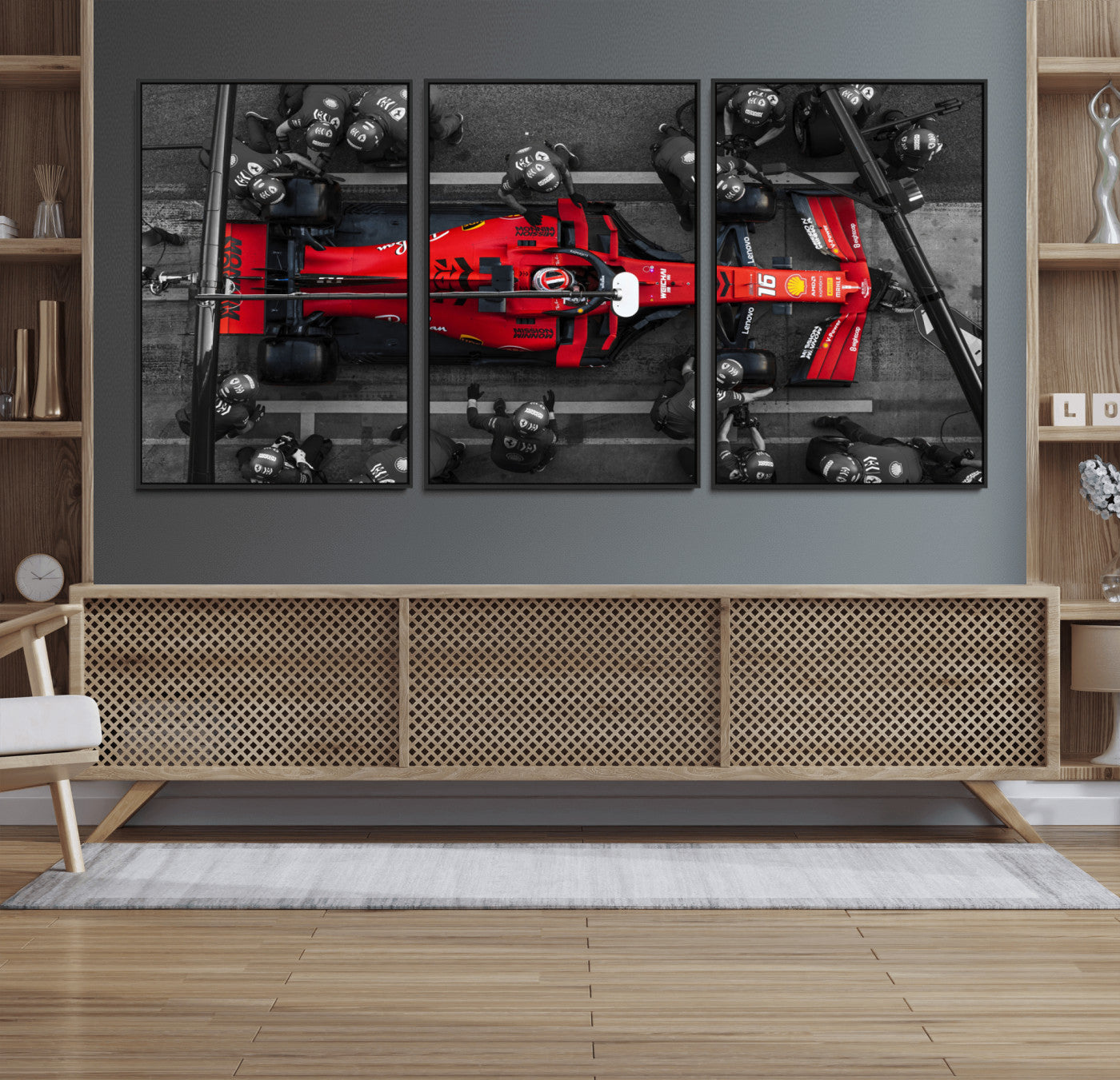 99356-MGV-FC-60X30-3P_Black-Ferrari Pit Stop Canvas Wall Art – Precision and Speed Captured in Bold Motorsport Imagery – Ready