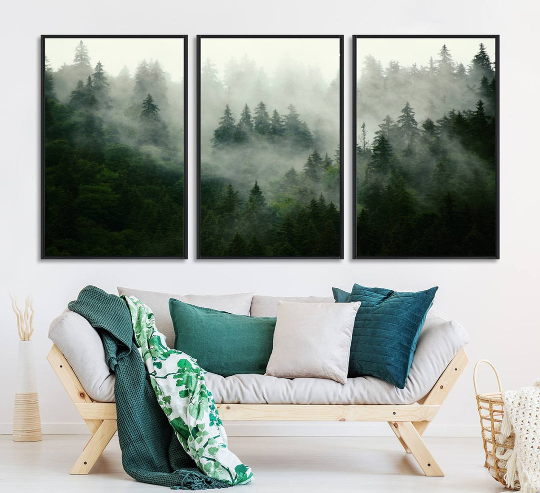 Misty Forest Mountain Wall Art: A 3-panel foggy landscape canvas print, ideal for enhancing home decor with natures beauty.