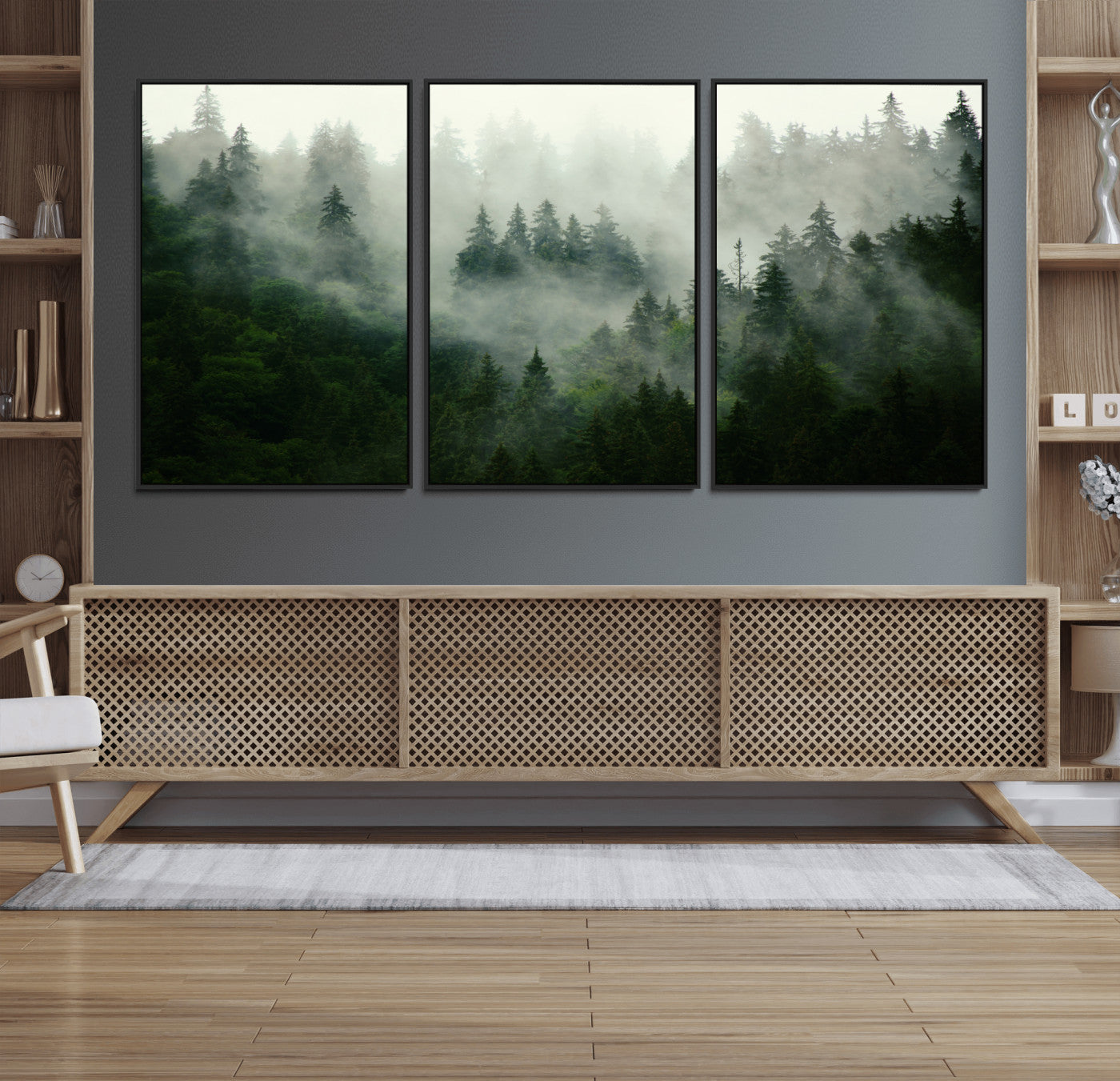MGV-FC-60X30-3P - Misty Forest Mountain Wall Art Canvas  | Large 3-Panel Foggy Landscape Canvas Print | Nature Misty