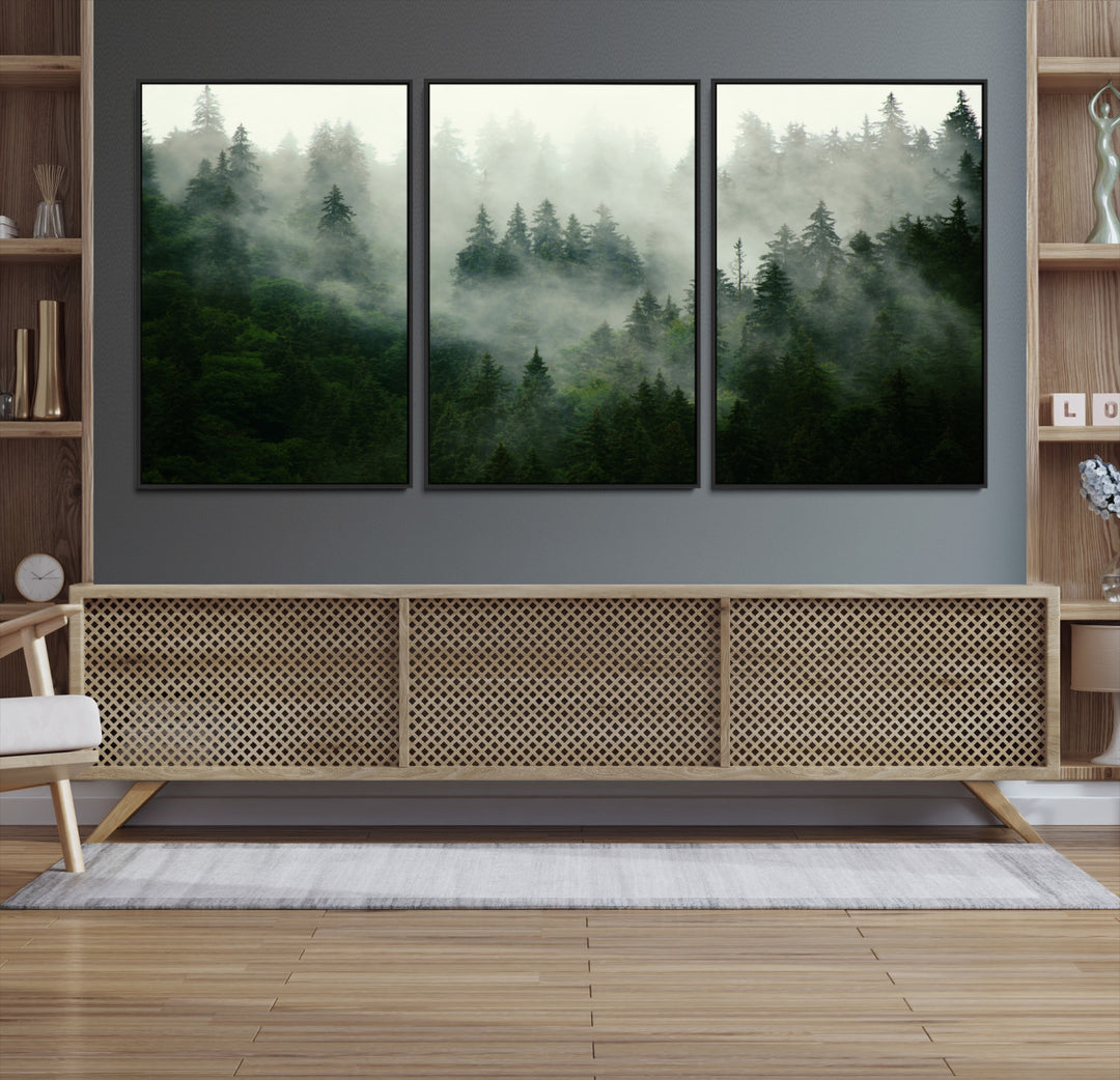 Misty Forest Wall Art Canvas Print - Foggy Forest Landscape Canvas Wall Art – Serene Triptych Nature Print – Woodland Landscape Decor