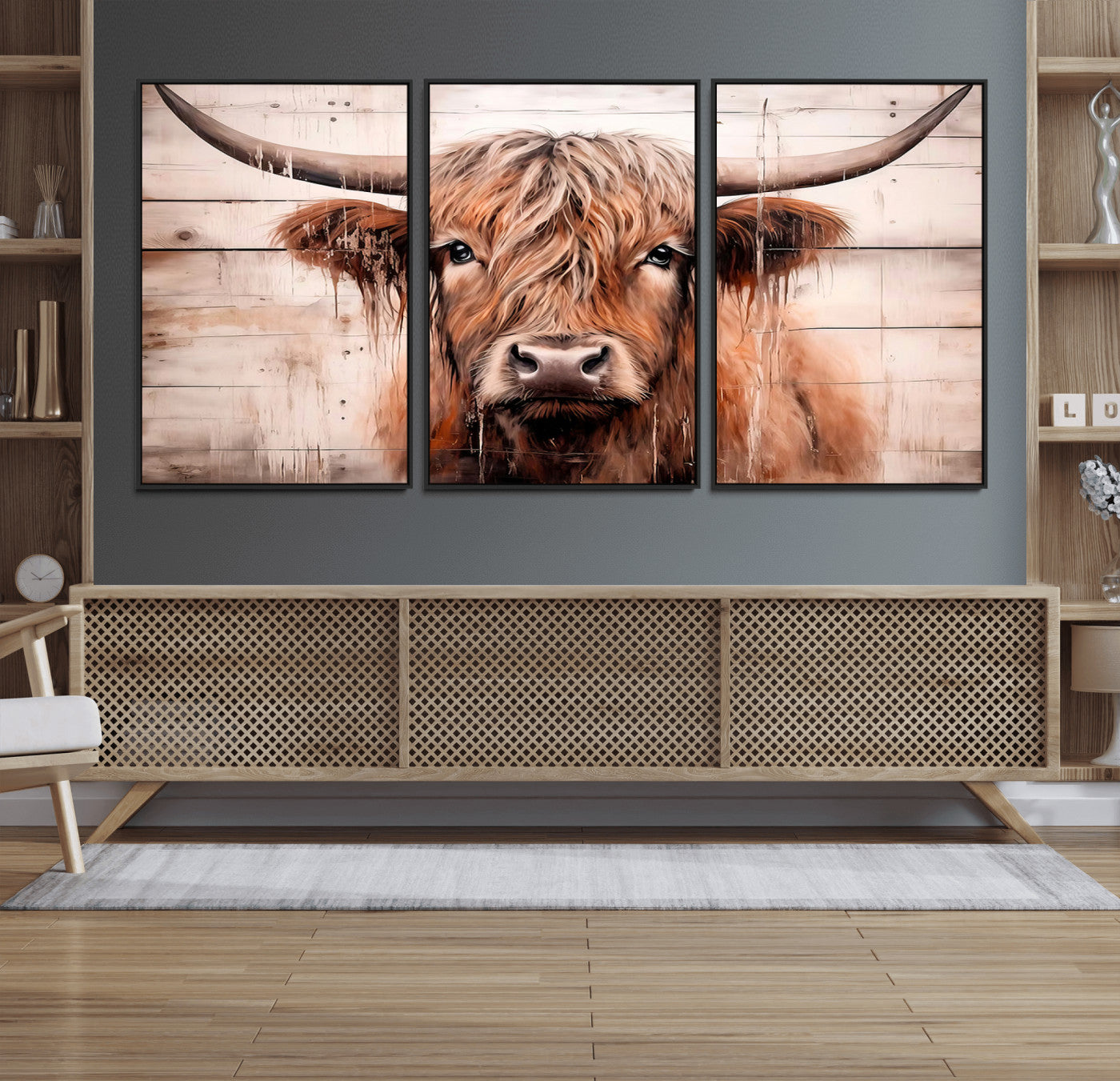 MGV-FC-60X30-3P - Vintage Scottish Highland Cow Cattle Art Print Farmhouse Wall Art Canvas Print