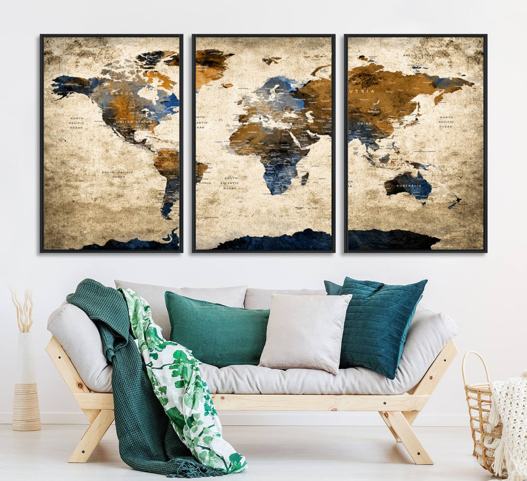 A Vintage World Map Canvas featuring brown, blue, and white on a textured background. Ideal for wall art in living rooms or offices.
