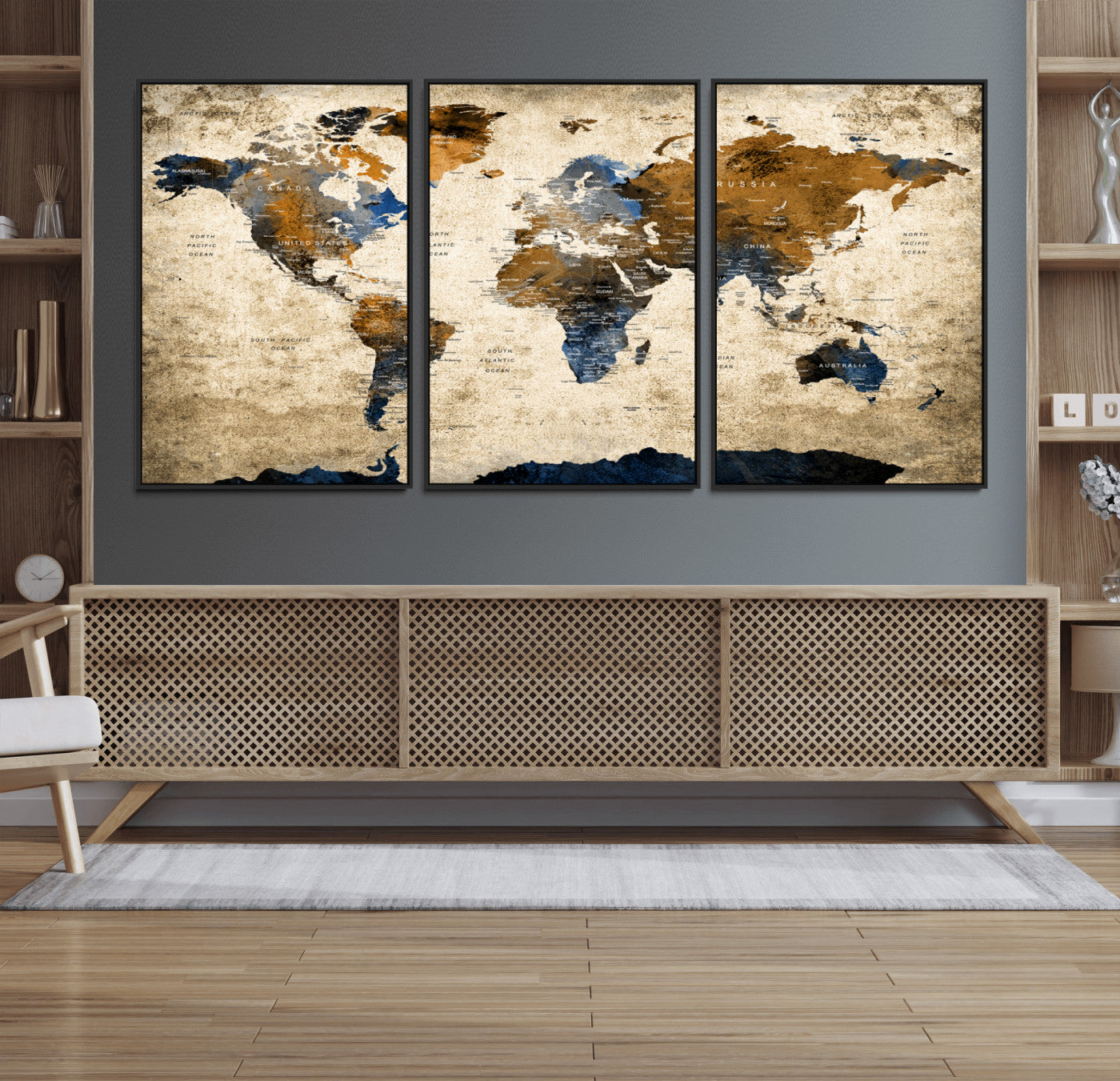 51140-MGV-FC-60X30-3P_Black-World Map Wall Art – Rustic Earth Tone Canvas Print, Antique Travel Map Design for Living Room, Office or Study, Classic Adventure Decor