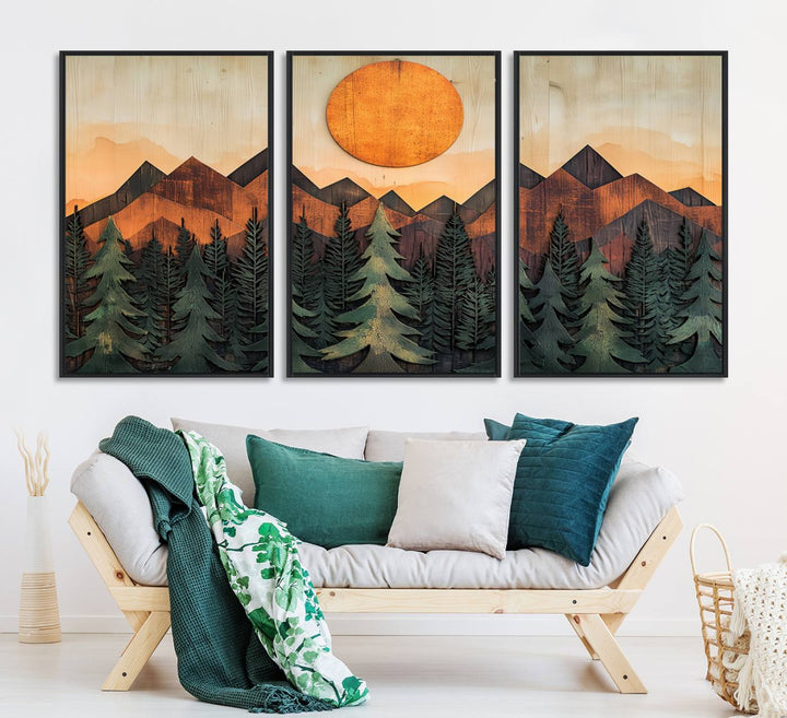 Sunset Mountain Landscape canvas wall art print featuring forest and wooden textures in green, brown, and orange.