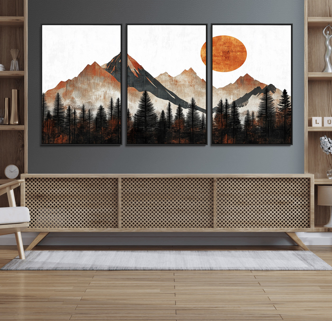71366-MGV-FC-60X30-3P_Black-Modern Abstract Mountain Canvas Wall Art Print, Abstract Landscape Print, Rustic Sun and Mountains