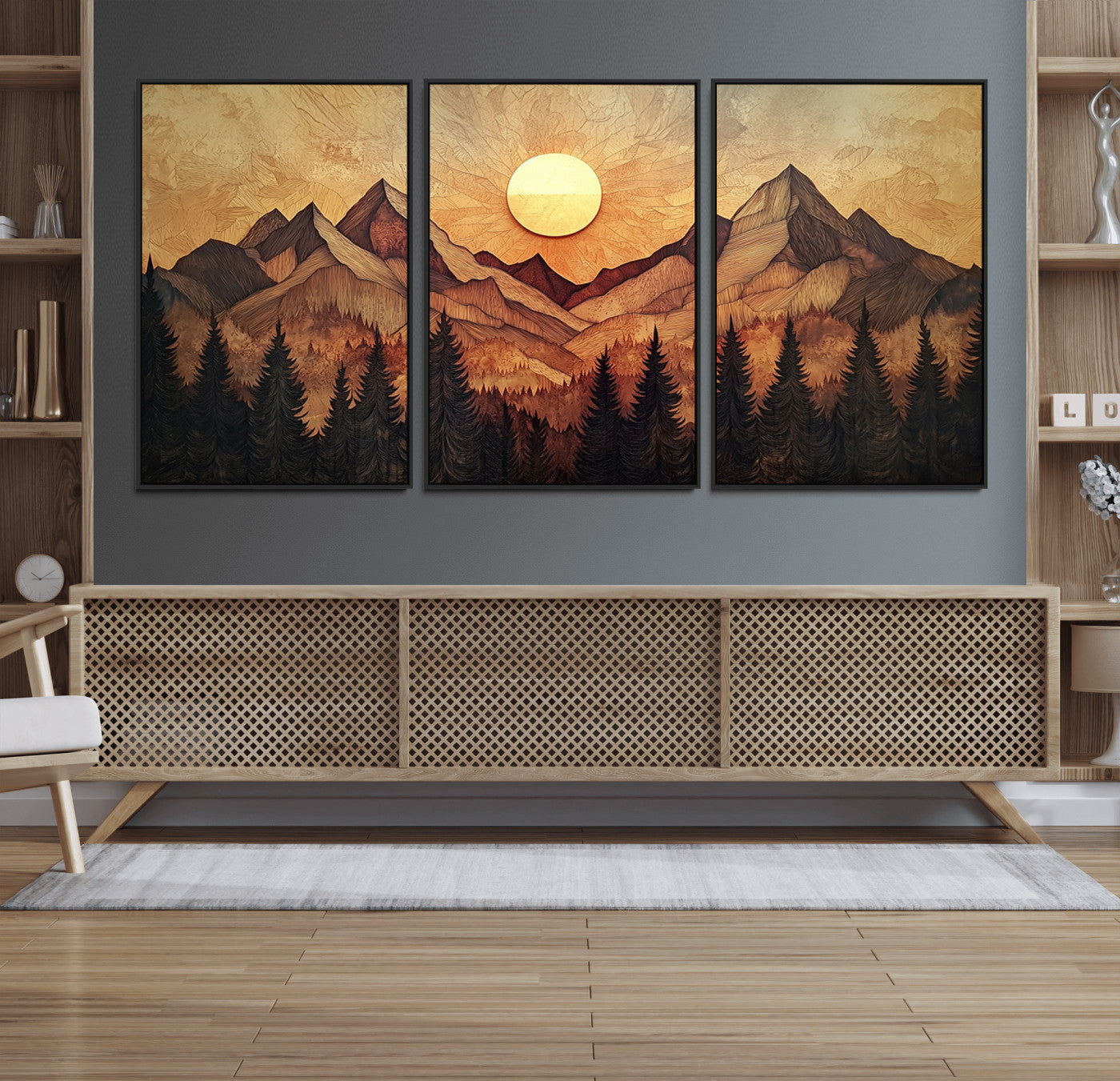 MGV-FC-60X30-3P - Wood Style Abstract Mountain Sunset Canvas Wall Art Print - Warm Earth Nature-Inspired Decor for