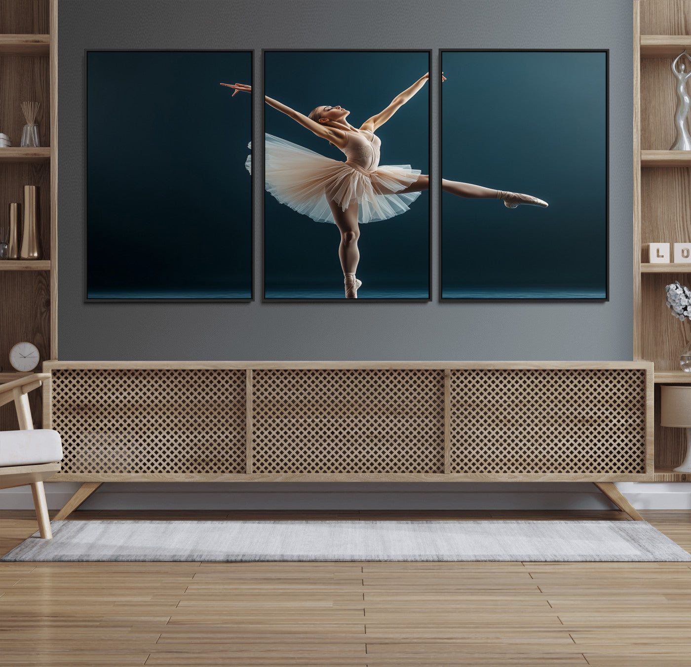 An elegant ballerina captured mid-pose on pointe, radiating grace and strength in a perfectly lit studio setting, her tutu fanned out in delicate symmetry.