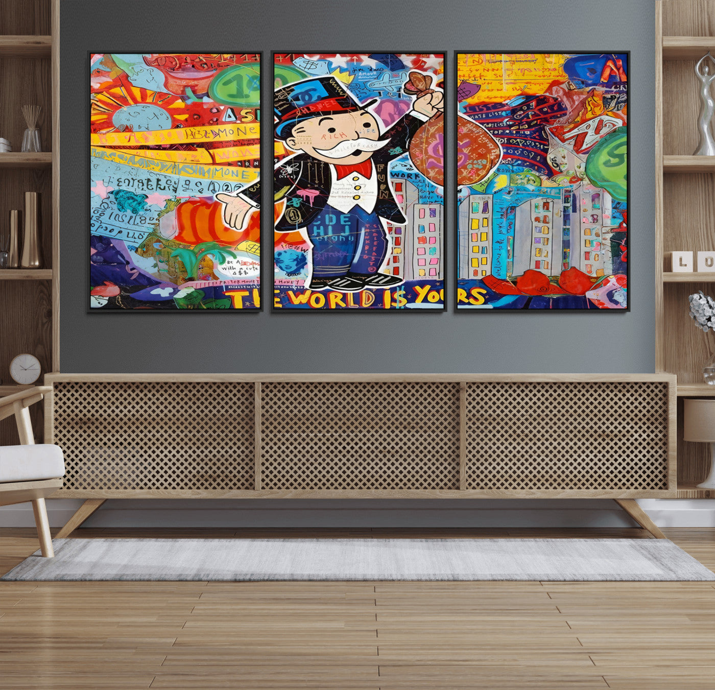 96320-MGV-FC-60X30-3P_Black-Pop Art Monopoly Man Canvas Wall Art Print - Bold and Colorful Street Art-Inspired Decor for Living